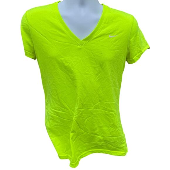 Nike Dri-Fit Womens SZ M V-Neck Short Sleeve T-Shirt Neon Yellow Workout Sport - Picture 1 of 4